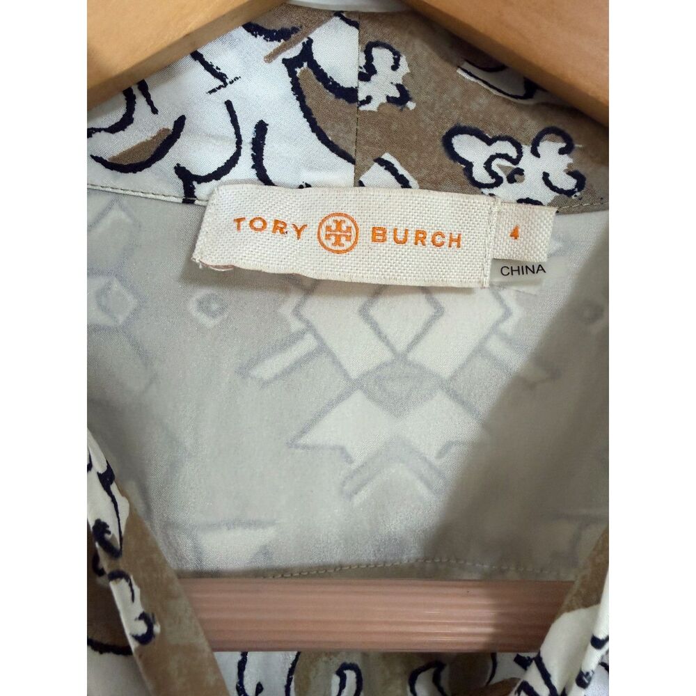 ✨ Tory Burch | Brown & White Geometric Bow Blouse | Size 4 ✨ - Picture 5 of 6